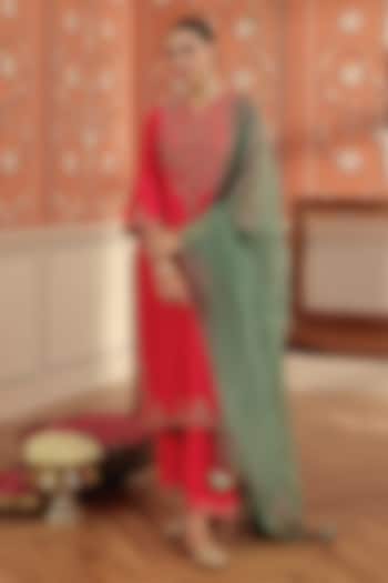 Ruby Pink Silk Chanderi Mirror Hand Embroidered Kurta Set by DOHR INDIA at Pernia's Pop Up Shop