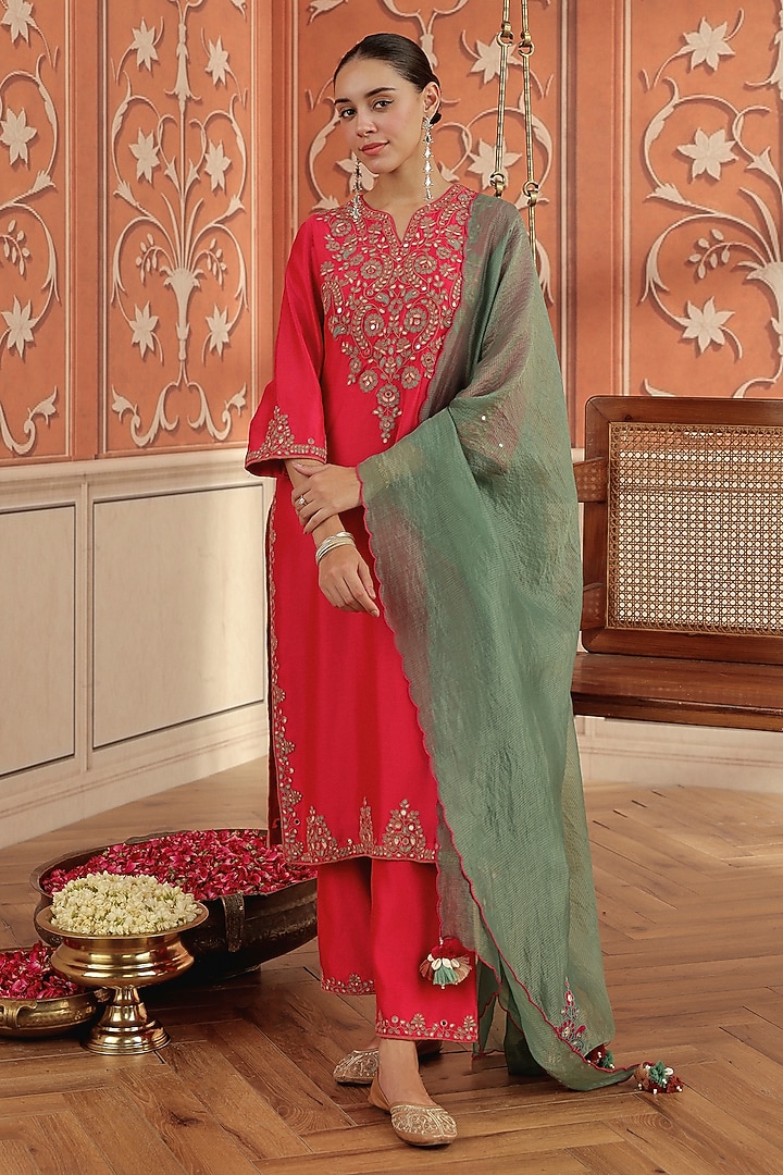 Ruby Pink Silk Chanderi Mirror Hand Embroidered Kurta Set by DOHR INDIA at Pernia's Pop Up Shop