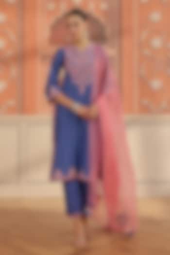 Periwinkle Blue Silk Chanderi Mirror Hand Embroidered Kurta Set by DOHR INDIA at Pernia's Pop Up Shop