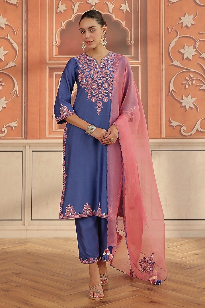 Periwinkle Blue Silk Chanderi Mirror Hand Embroidered Kurta Set by DOHR INDIA at Pernia's Pop Up Shop