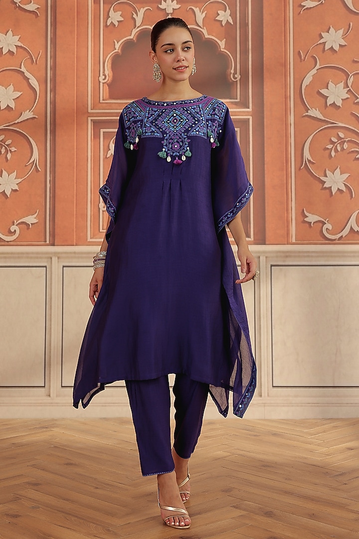 Purple Mul Chanderi Dori & Mirror Hand Embroidered Kaftan Set by DOHR INDIA at Pernia's Pop Up Shop