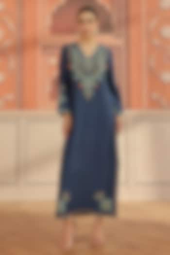 Navy Blue Mul Chanderi Dori & Mirror Hand Embroidered Kaftan by DOHR INDIA at Pernia's Pop Up Shop