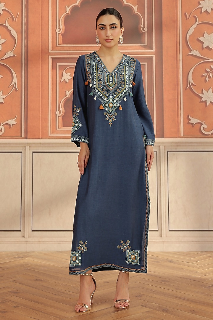 Navy Blue Mul Chanderi Dori & Mirror Hand Embroidered Kaftan by DOHR INDIA at Pernia's Pop Up Shop