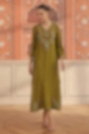 Olive Green Mul Chanderi Dori & Mirror Hand Embroidered Kaftan by DOHR INDIA at Pernia's Pop Up Shop