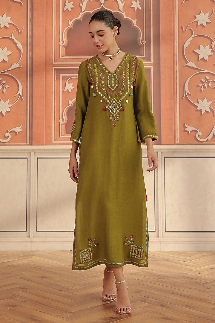 Olive Green Mul Chanderi Dori & Mirror Hand Embroidered Kaftan by DOHR INDIA at Pernia's Pop Up Shop