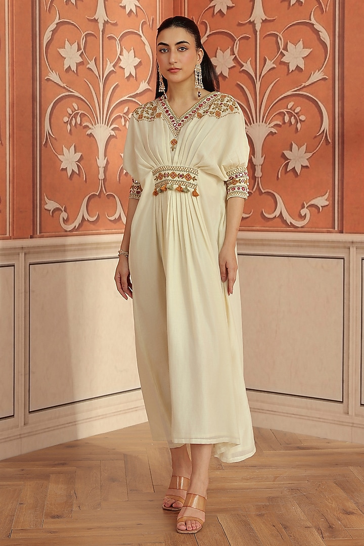 Ivory Mul Chanderi Dori & Mirror Hand Embroidered Kaftan by DOHR INDIA at Pernia's Pop Up Shop