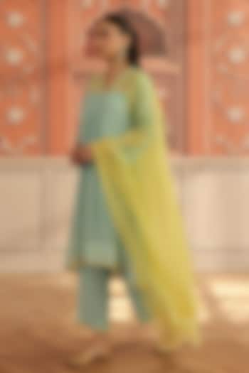 Blue Jacquard Mirror Hand Embroidered Kurta Set by DOHR INDIA at Pernia's Pop Up Shop