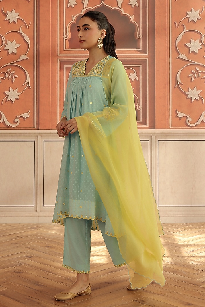 Blue Jacquard Mirror Hand Embroidered Kurta Set by DOHR INDIA at Pernia's Pop Up Shop