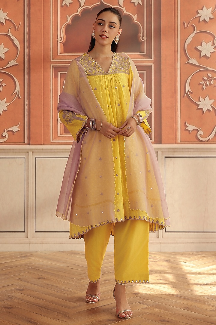Yellow Jacquard Mirror Hand Embroidered Kurta Set by DOHR INDIA at Pernia's Pop Up Shop