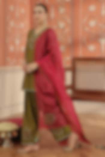 Olive Green Silk Chanderi Dori & Mirror Hand Embroidered Kurta Set by DOHR INDIA at Pernia's Pop Up Shop