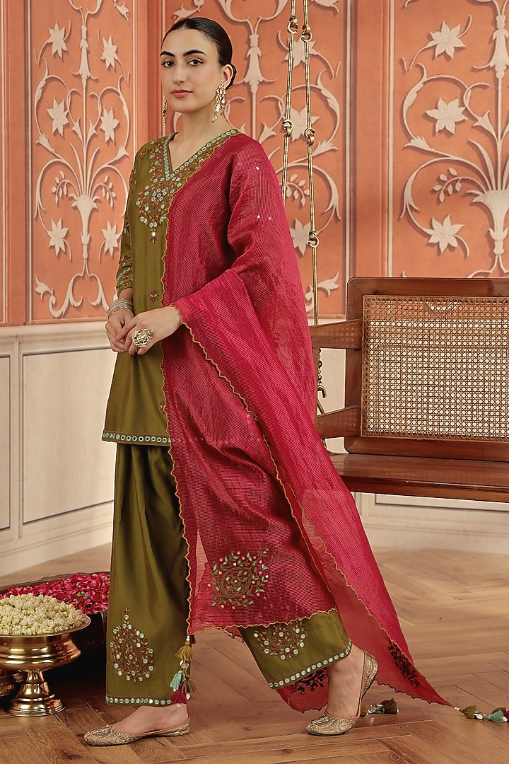 Olive Green Silk Chanderi Dori & Mirror Hand Embroidered Kurta Set by DOHR INDIA at Pernia's Pop Up Shop