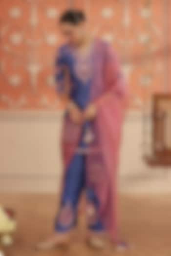 Periwinkle Blue Silk Chanderi Dori & Mirror Hand Embroidered Kurta Set by DOHR INDIA at Pernia's Pop Up Shop