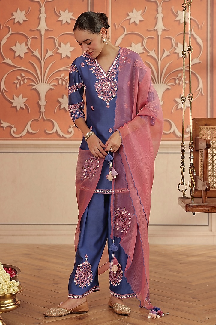 Periwinkle Blue Silk Chanderi Dori & Mirror Hand Embroidered Kurta Set by DOHR INDIA at Pernia's Pop Up Shop