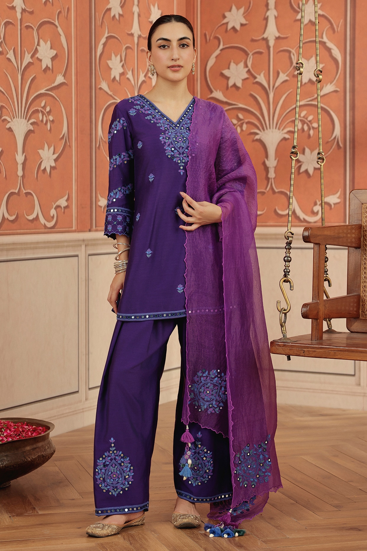 DOHR INDIA Purple Silk Chanderi Dori & Mirror Hand Embroidered Kurta Set