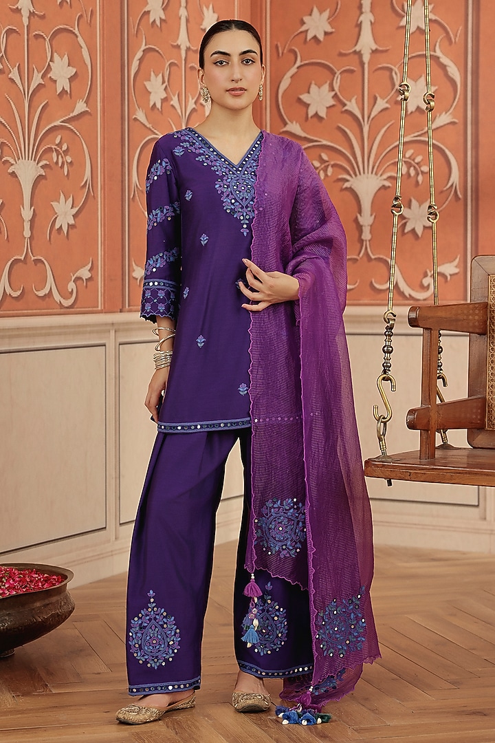 Purple Silk Chanderi Dori & Mirror Hand Embroidered Kurta Set by DOHR INDIA at Pernia's Pop Up Shop