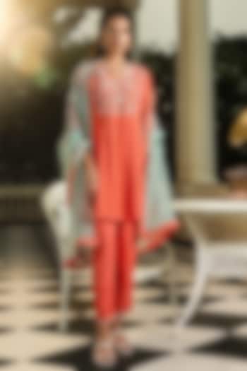 Coral Viscose Jacquard Printed & Sequins Embroidered Kurta Set by DOHR INDIA at Pernia's Pop Up Shop