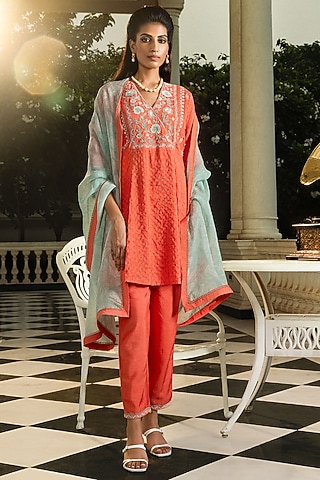 Coral Viscose Jacquard Printed & Sequins Embroidered Kurta Set by DOHR INDIA