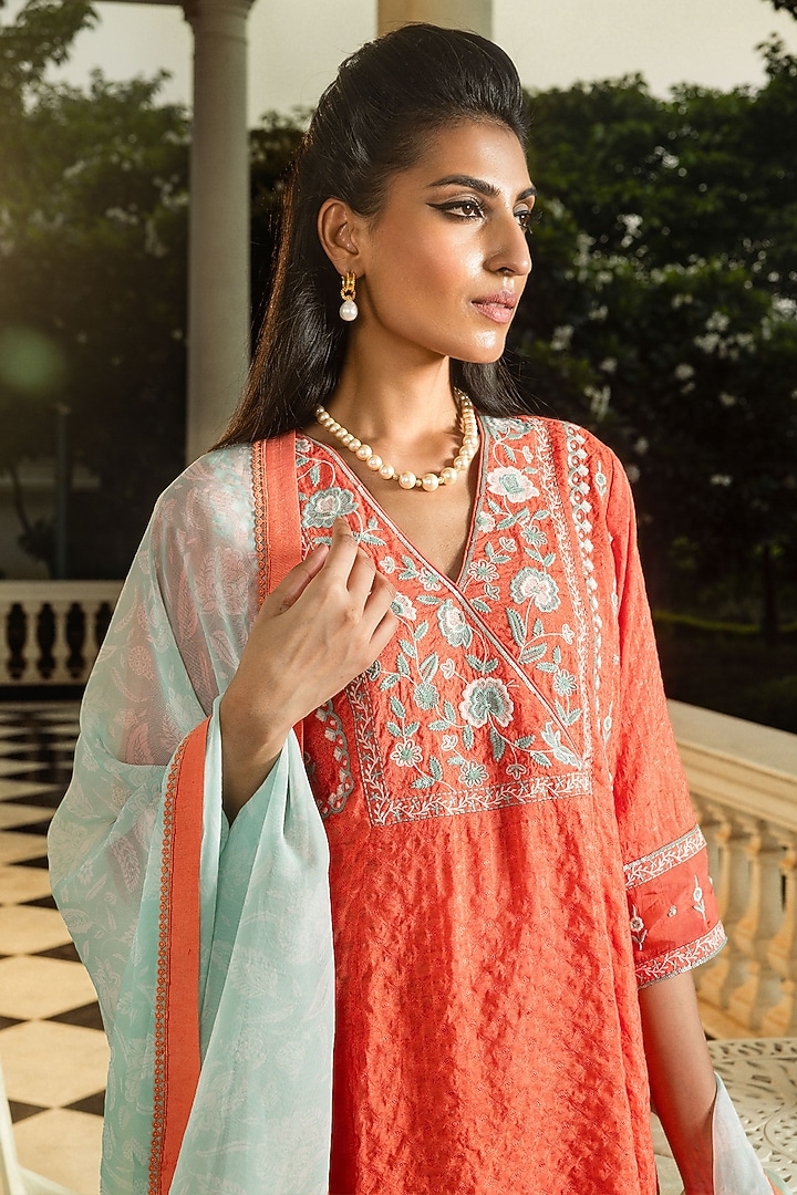 Coral Viscose Jacquard Printed & Sequins Embroidered Kurta Set by DOHR INDIA at Pernia's Pop Up Shop