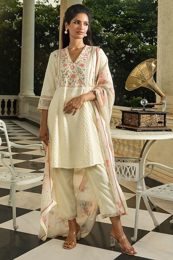 Cream Viscose Jacquard Printed & Sequins Embroidered Kurta Set by DOHR INDIA at Pernia's Pop Up Shop