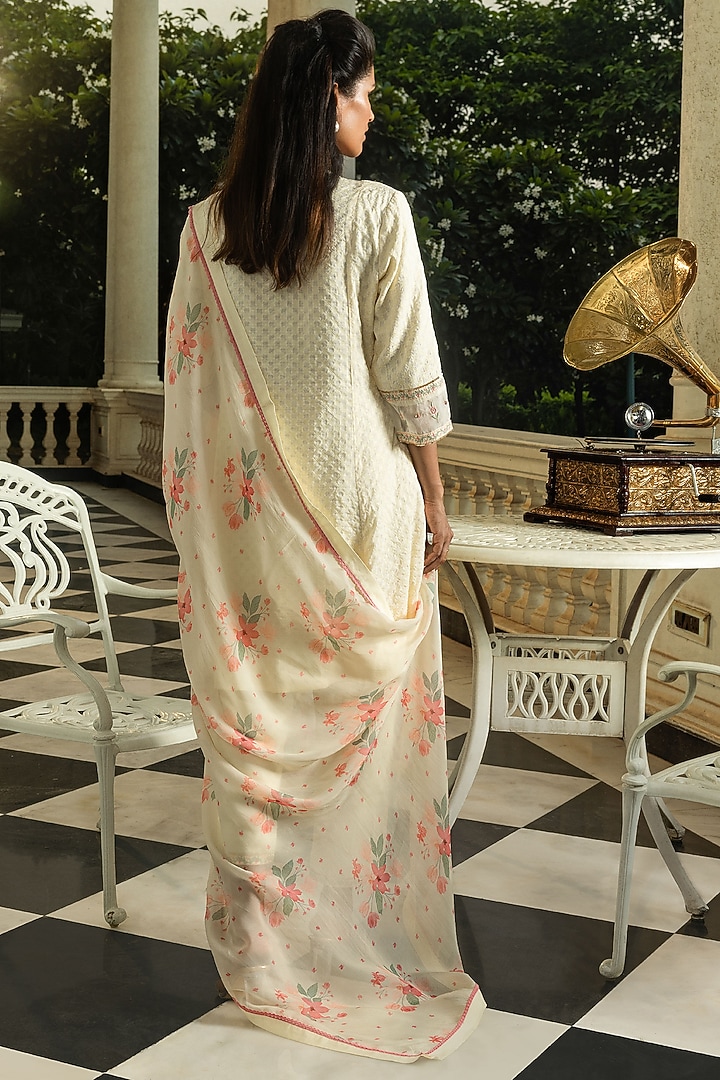 Cream Viscose Jacquard Printed & Sequins Embroidered Kurta Set by DOHR INDIA at Pernia's Pop Up Shop