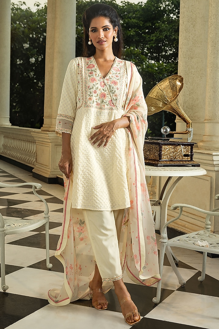 Cream Viscose Jacquard Printed & Sequins Embroidered Kurta Set by DOHR INDIA at Pernia's Pop Up Shop