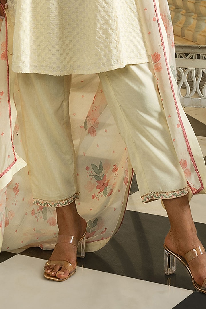 Cream Viscose Jacquard Printed & Sequins Embroidered Kurta Set by DOHR INDIA at Pernia's Pop Up Shop