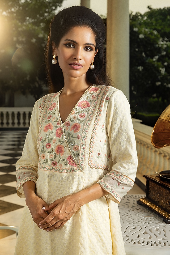 Cream Viscose Jacquard Printed & Sequins Embroidered Kurta Set by DOHR INDIA at Pernia's Pop Up Shop