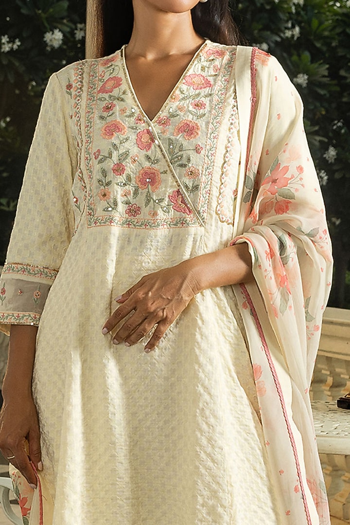 Cream Viscose Jacquard Printed & Sequins Embroidered Kurta Set by DOHR INDIA at Pernia's Pop Up Shop