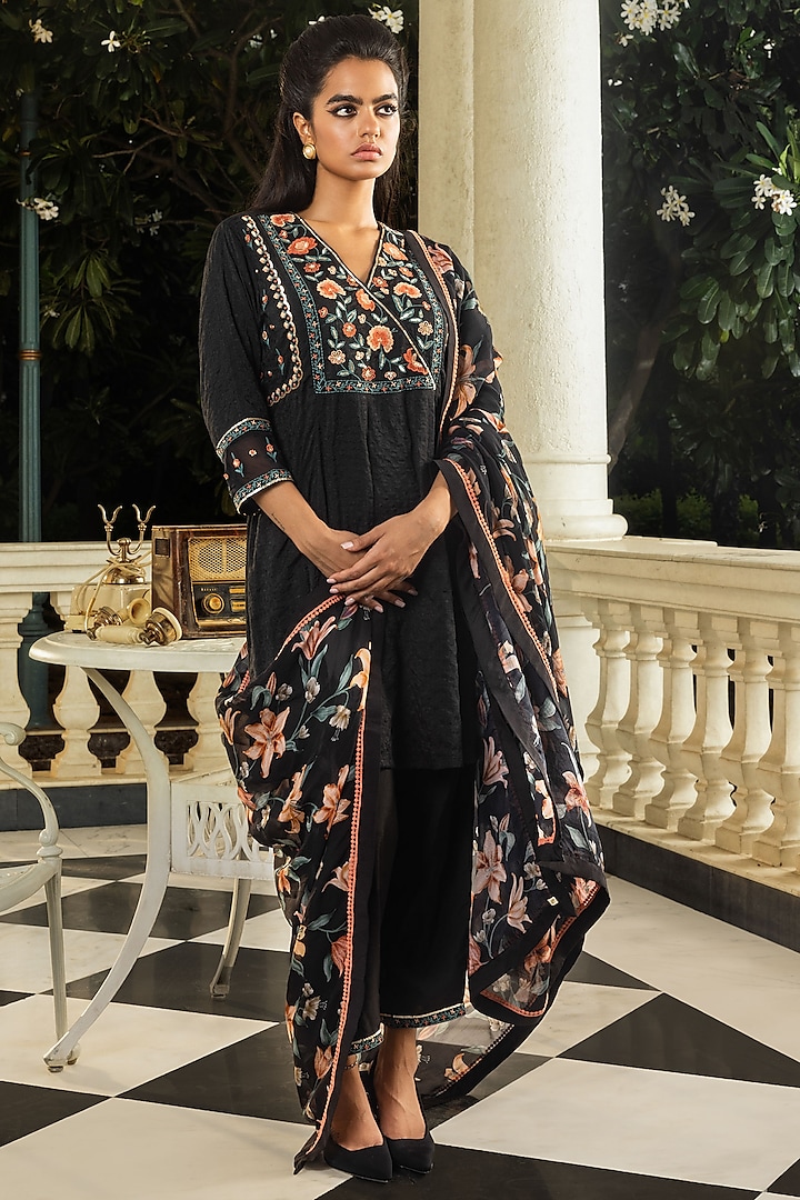 Black Viscose Jacquard Printed & Sequins Embroidered Kurta Set by DOHR INDIA at Pernia's Pop Up Shop