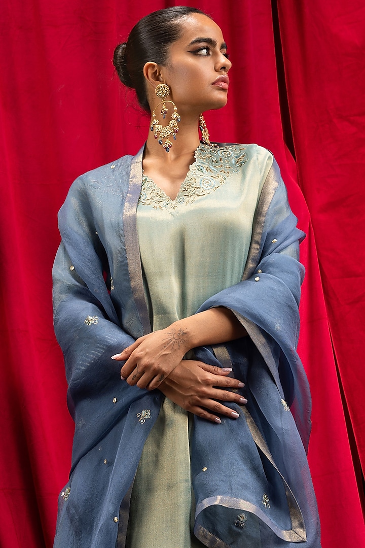 Light Blue Tissue Blend Adda Embroidered A-Line Kurta Set by DOHR INDIA at Pernia's Pop Up Shop