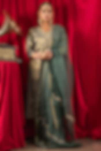 Dark Green Tissue Blend Adda Embroidered Kurta Set by DOHR INDIA at Pernia's Pop Up Shop