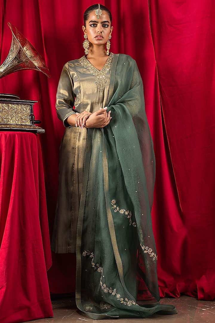 Dark Green Tissue Blend Adda Embroidered Kurta Set by DOHR INDIA at Pernia's Pop Up Shop