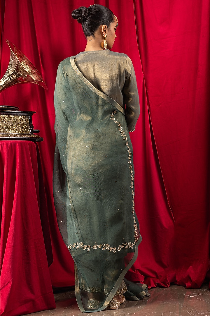 Dark Green Tissue Blend Adda Embroidered Kurta Set by DOHR INDIA at Pernia's Pop Up Shop