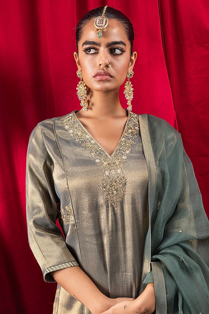 Dark Green Tissue Blend Adda Embroidered Kurta Set by DOHR INDIA at Pernia's Pop Up Shop