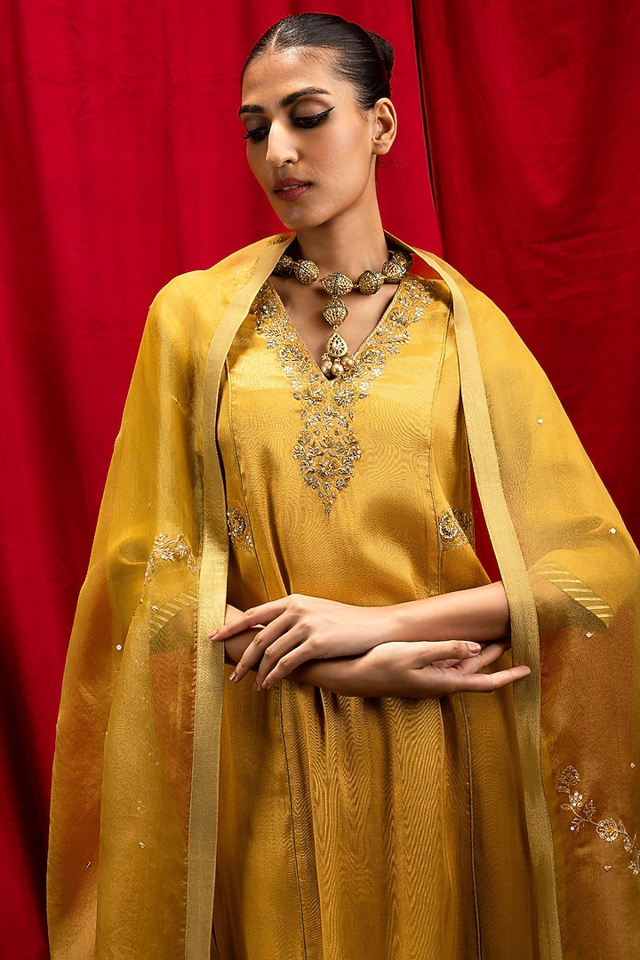 Mustard Tissue Blend Adda Embroidered Kurta Set by DOHR INDIA at Pernia's Pop Up Shop