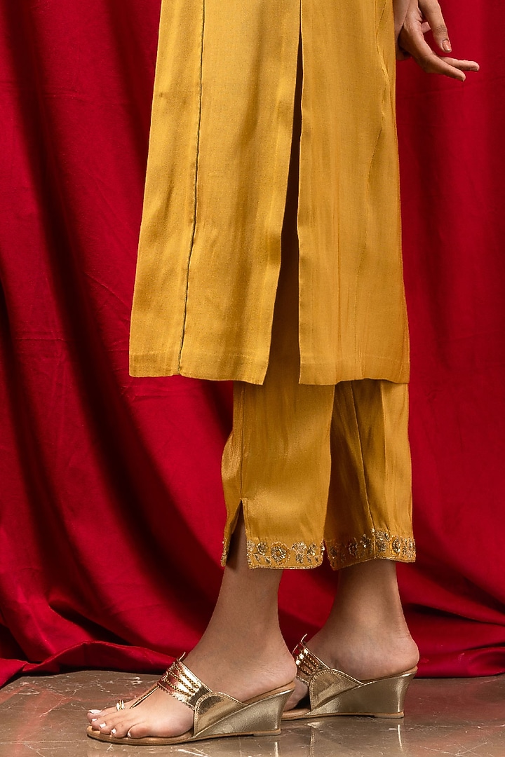 Mustard Tissue Blend Adda Embroidered Kurta Set by DOHR INDIA at Pernia's Pop Up Shop