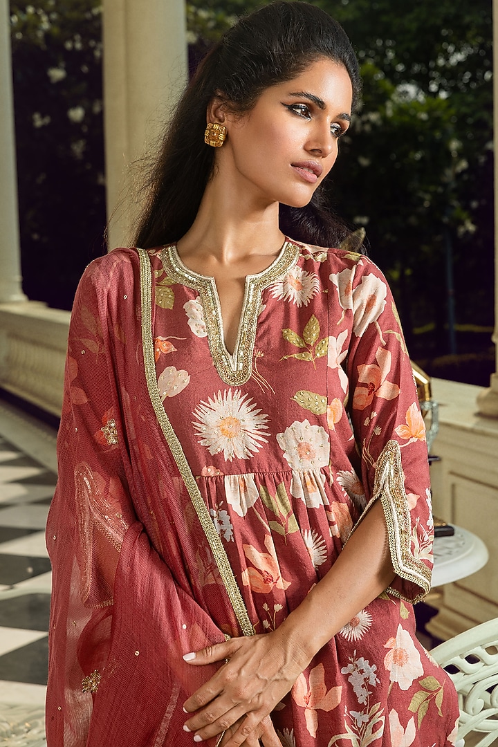 Brick Red Viscose Blend Printed Kurta Set by DOHR INDIA at Pernia's Pop Up Shop