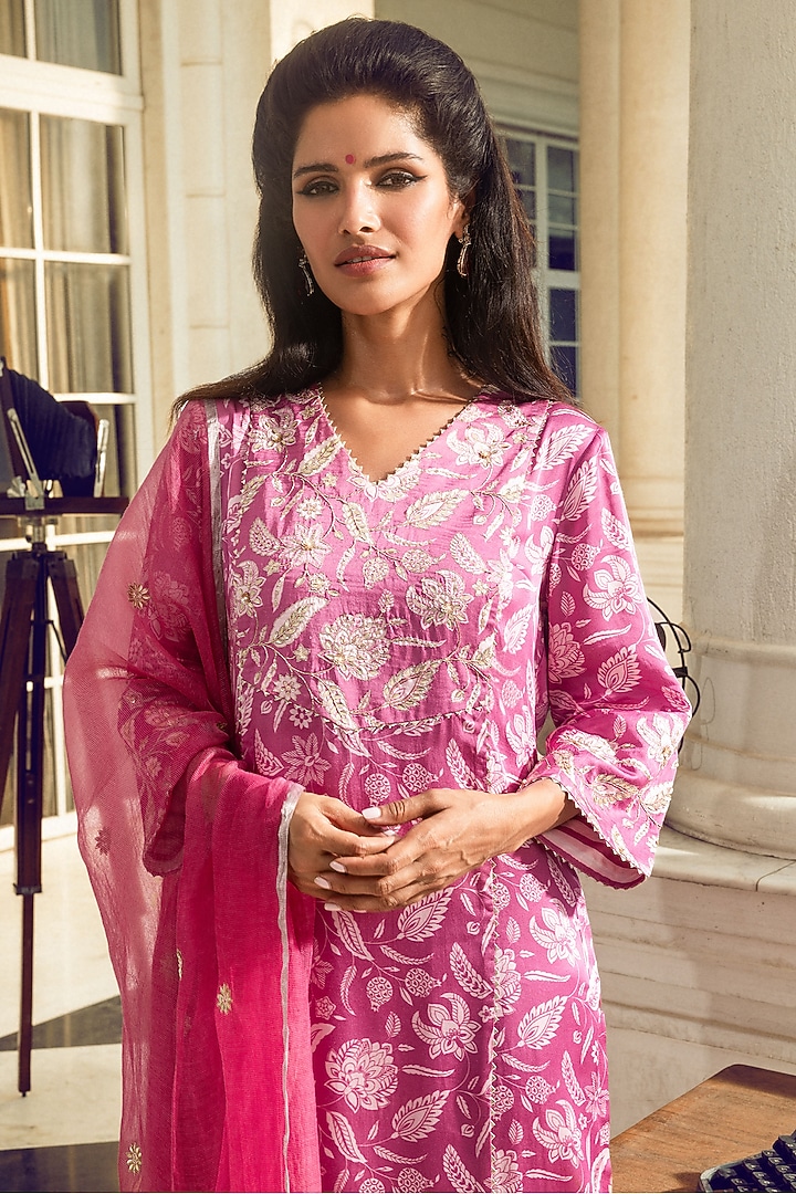 Pink Modal Satin Printed Kurta Set by DOHR INDIA at Pernia's Pop Up Shop