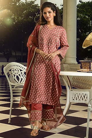 Maroon Modal Satin Zari Embroidered Kurta Set by DOHR INDIA