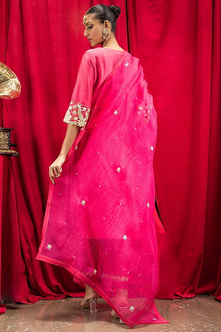 Rani Pink Silk Chanderi Applique Embroidered Kurta Set by DOHR INDIA at Pernia's Pop Up Shop