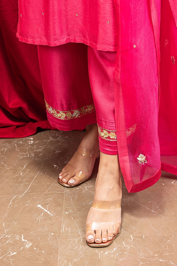 Rani Pink Silk Chanderi Applique Embroidered Kurta Set by DOHR INDIA at Pernia's Pop Up Shop
