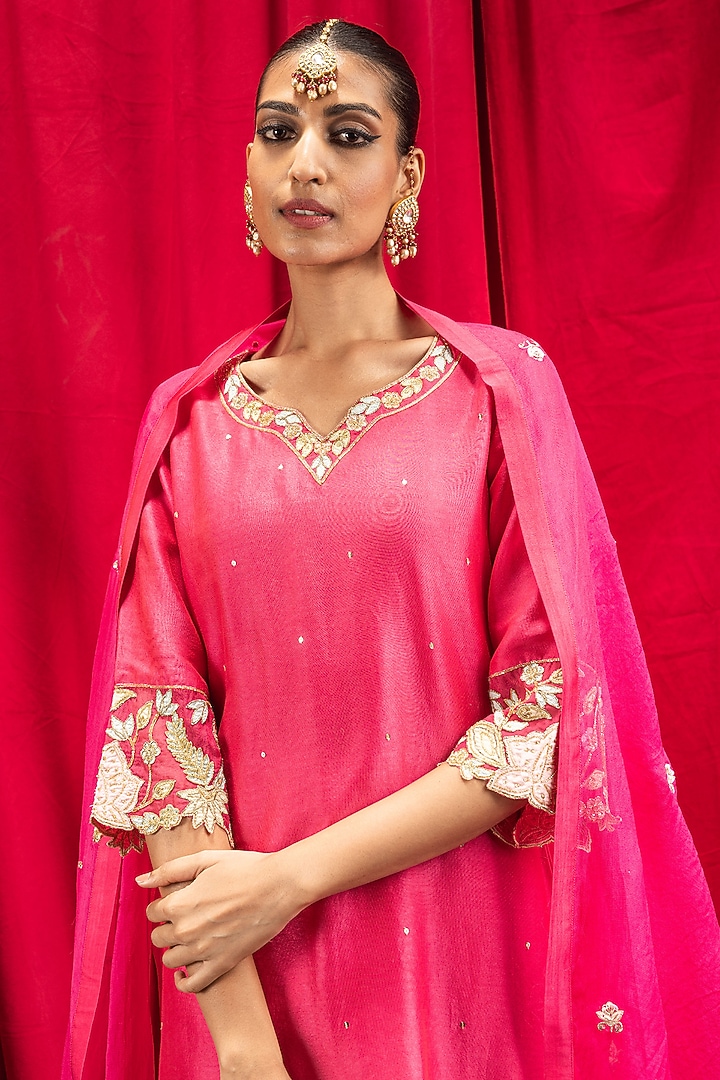 Rani Pink Silk Chanderi Applique Embroidered Kurta Set by DOHR INDIA at Pernia's Pop Up Shop