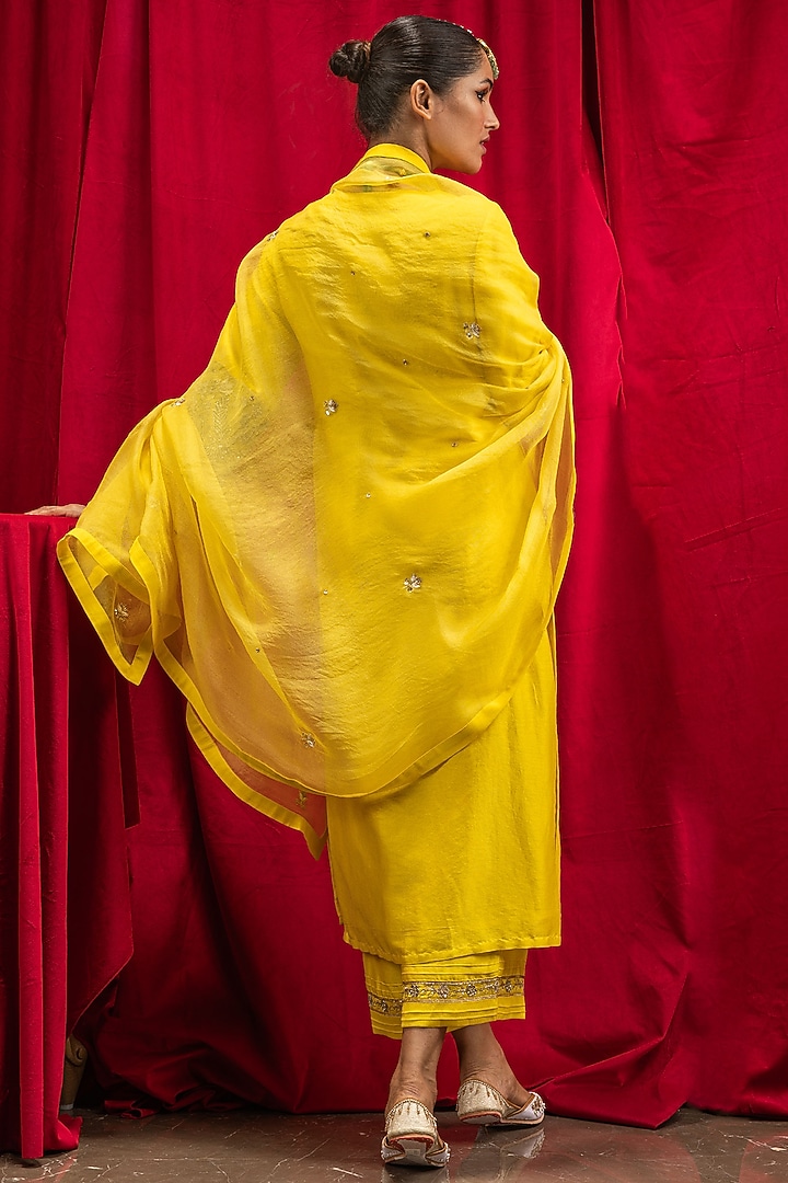 Yellow Silk Chanderi Applique Embroidered Kurta Set by DOHR INDIA at Pernia's Pop Up Shop