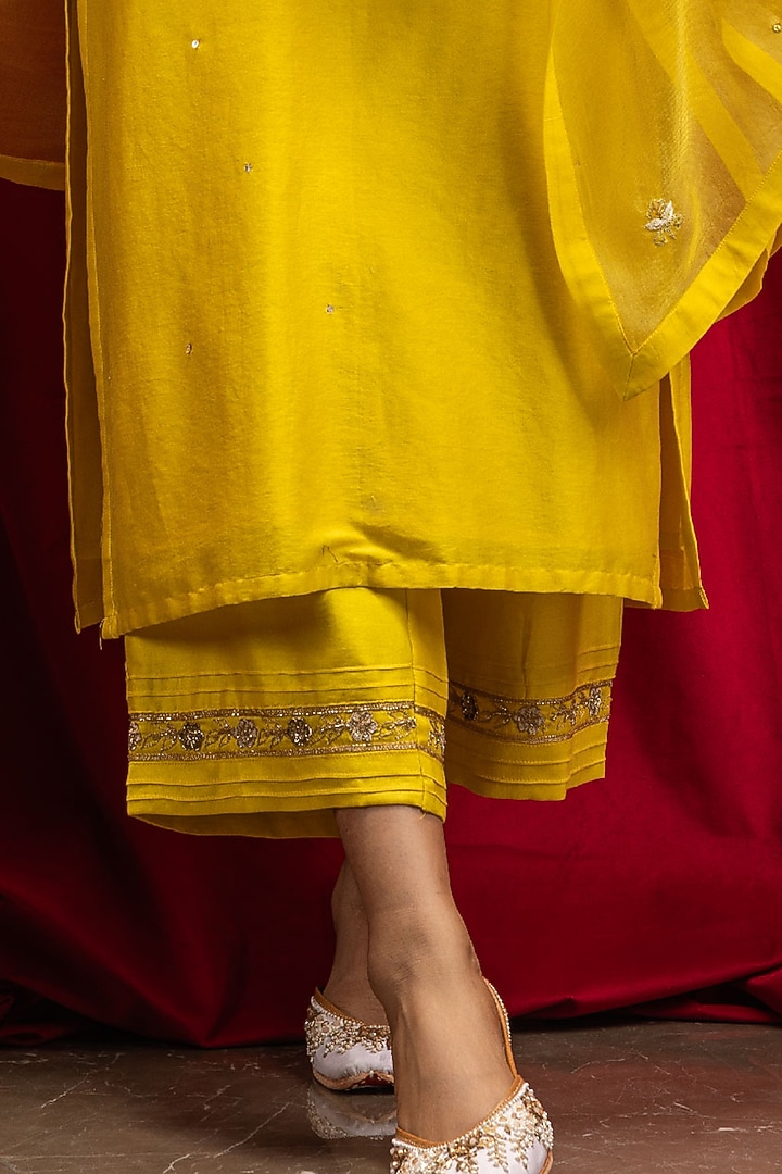 Yellow Silk Chanderi Applique Embroidered Kurta Set by DOHR INDIA at Pernia's Pop Up Shop