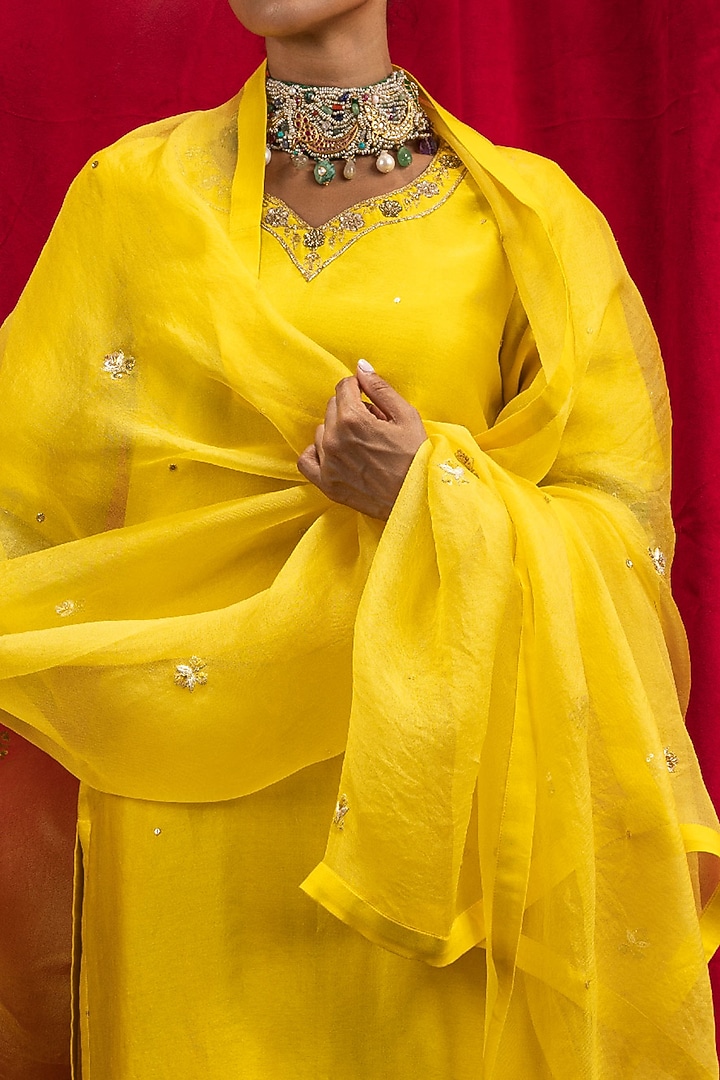 Yellow Silk Chanderi Applique Embroidered Kurta Set by DOHR INDIA at Pernia's Pop Up Shop