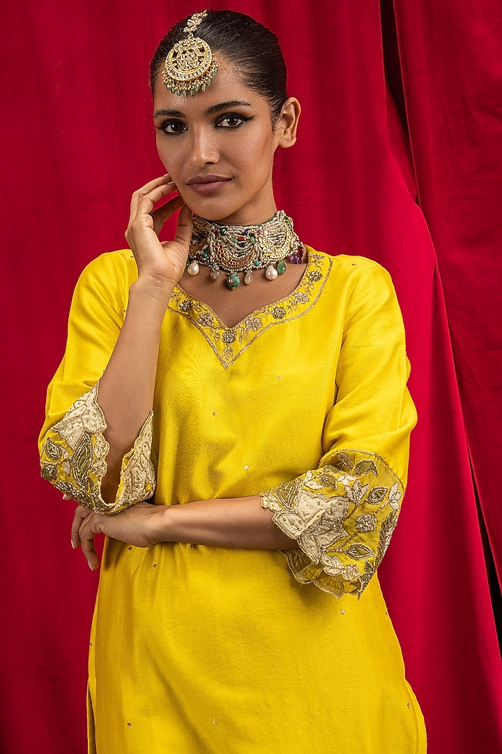 Yellow Silk Chanderi Applique Embroidered Kurta Set by DOHR INDIA at Pernia's Pop Up Shop