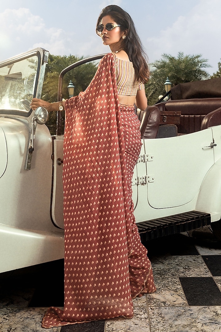 Maroon Organza Boota Printed Unstitched Party Wear Saree Set by DOHR INDIA at Pernia's Pop Up Shop