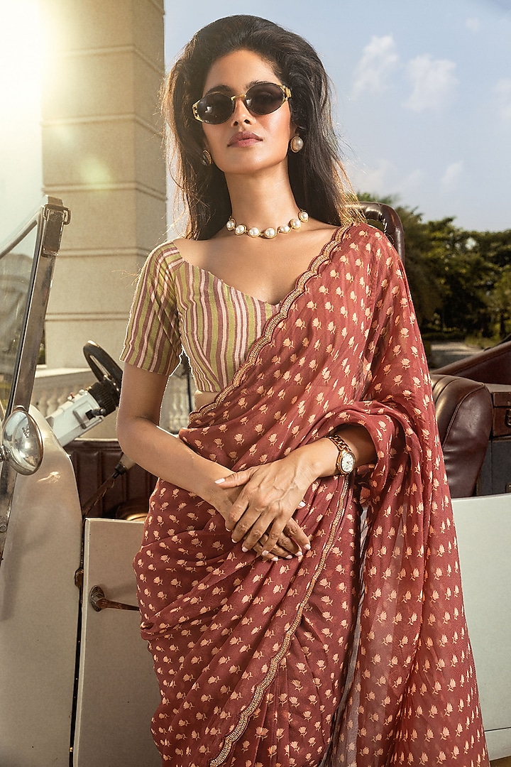 Maroon Organza Boota Printed Unstitched Party Wear Saree Set by DOHR INDIA at Pernia's Pop Up Shop