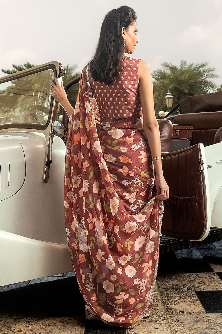Brick Red Organza Printed Pre-Stitched Party Wear Saree Set by DOHR INDIA at Pernia's Pop Up Shop