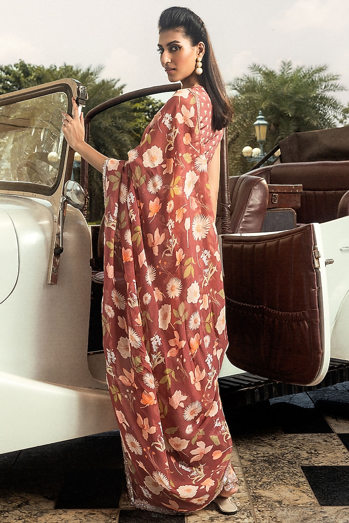 Brick Red Organza Printed Pre-Stitched Party Wear Saree Set by DOHR INDIA at Pernia's Pop Up Shop